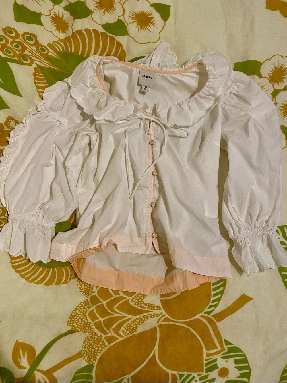 Maeve White Blouse with Pale Pink Trim and Ruffle Collar